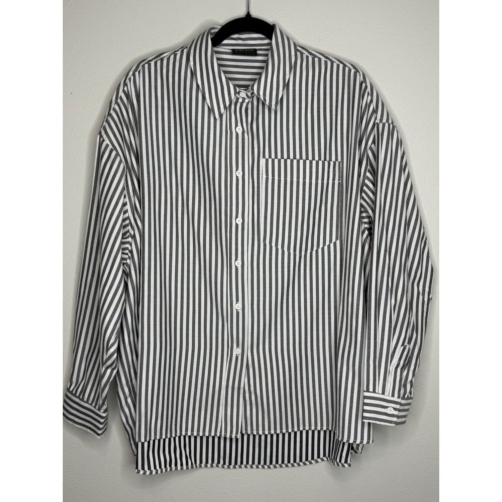 Miou Muse Black White Striped Button Up Shirt Oversized High Low ‎ Small